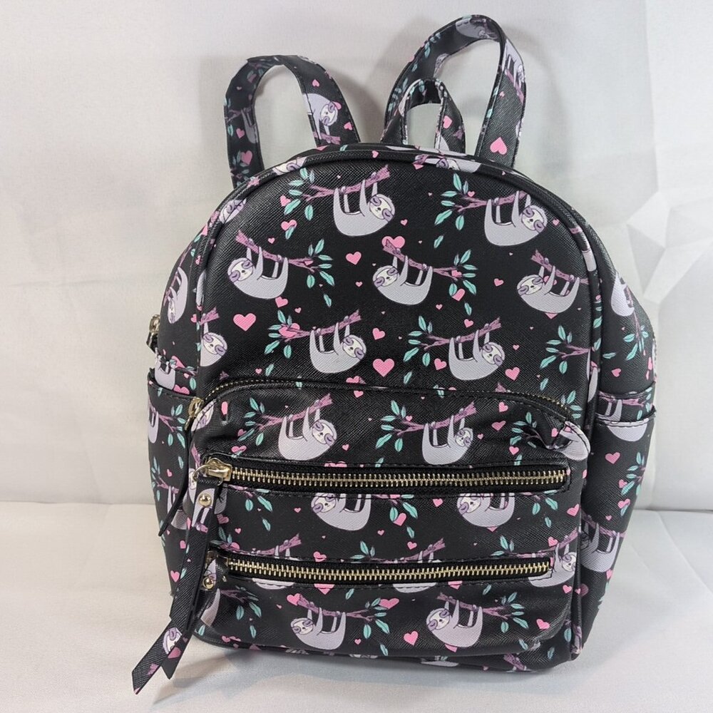 Under One Sky Faux Leather Sloth Backpack Bag Hearts Black Multicolor Mini Small